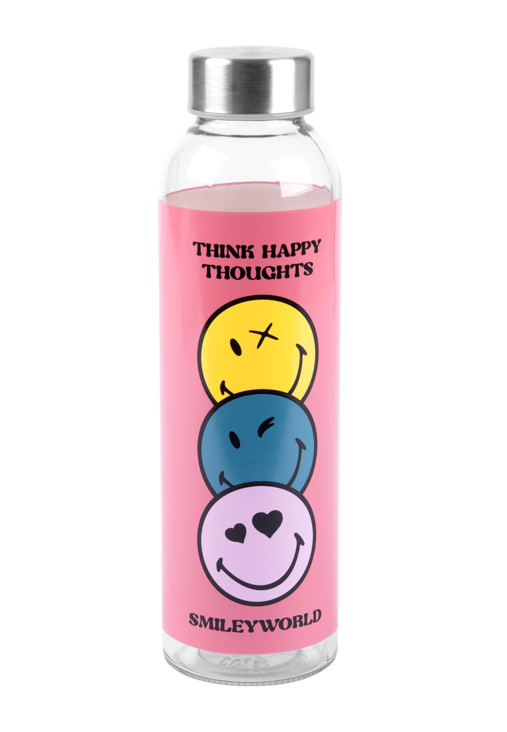 United Labels Smileyworld Glass Drinking Bottle - Smiley Bottle Water Bottle 500 ml Pink