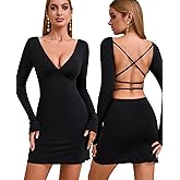 GLNEGE Long Sleeve V-Neck Bodycon Mini Dresses Sexy Backless Cocktail Party Club Night Out Dress for Women