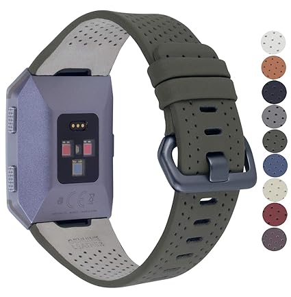 JSGJMY Fitbit Ionic Bands Men Women Large Size Perforated Leather Replacement Strap with Space Grey Metal Clasp for Fitbit Ionic watch(Army green)