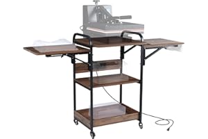 Kokorona Heat Press Stand Table with Charging Station (2 Outlet and 2 USB Ports), 3 Tier Heat Press Stand for Sublimation Print, Movable Heat Press Table Workbench with Folding Shelf