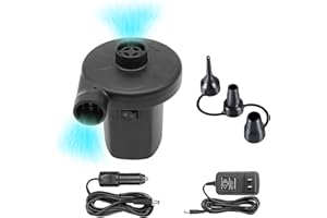 KERUITA Electric Air Pump for Inflatables Air Mattress Pump 110V AC/12V DC Airbed Boat Pool Raft Inflatable Pump with 3 Nozzles Black (ACDC)