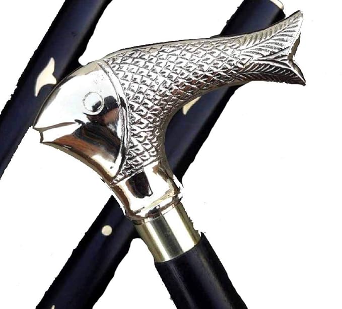 Shiny Brass Walking Stick Fish Shape Handle Handmade Design