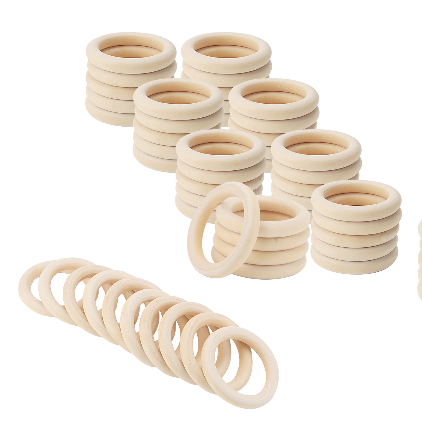 50 PCS 70mm Macrame Wooden Rings, Unfinished Wood Loops, Solid Wooden Curtain Hoops for DIY Crafts, Jewellery Making