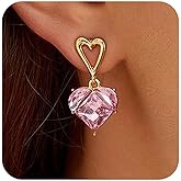 Aneneiceera Vintage Pink Heart Dangle Earrings Gold Hollow Heart Stud Earrings Pink Crystal Earrings Wedding Love Heart Earrings Jewelry for Women