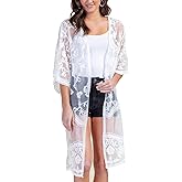 FaroDor Women Flowy Lace Kimono Cardigan Crochet Summer Open Front Bathing Suit Long Beach Cover Up White