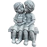 Boy Kissing Girl Statue Sitting on Bench Figurine, Puppy Love Kissing Couple Durable Home Ornament for Lover Birthday Present Art Collection Outdoor Lawn Yard Patio