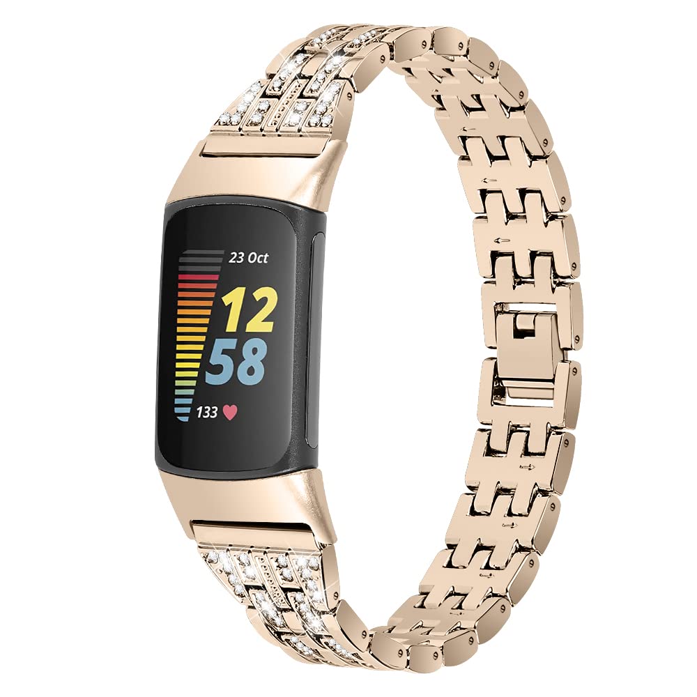 Gimuk Compatible with Fitbit Charge 5 Strap Stainless Steel Metal Bling Rhinestone Sport Replacement Wrist Strap Wristband Bracelet for Fitbit Charge 5 Silver Rose Gold Black (Gold) — image 1