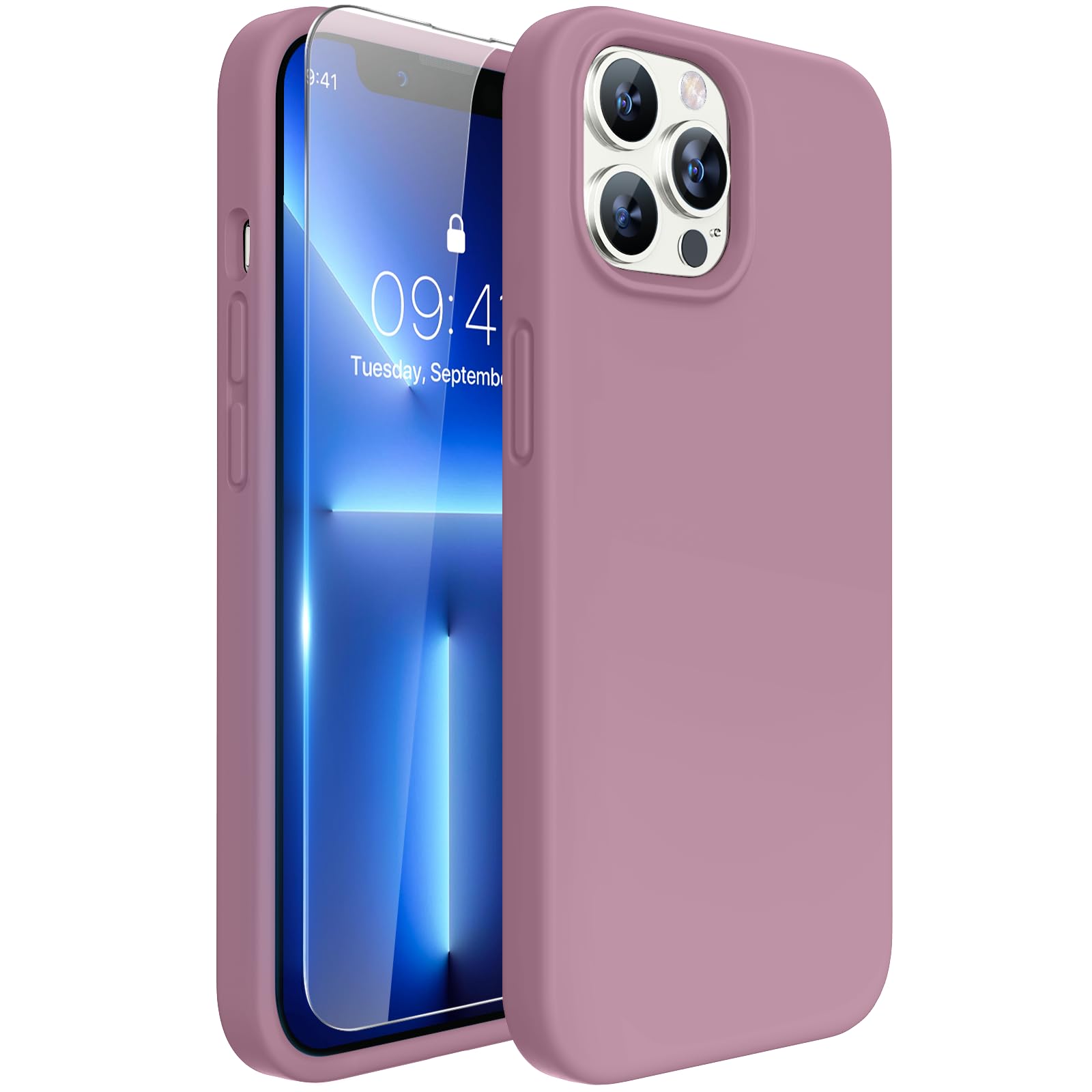 Photo 1 of Miracase Designed for iPhone 13 Pro Case, with Tempered Glass Screen Protector, [Soft Anti-Scratch Microfiber Lining], Shockproof Liquid Silicone Phone Case Cover for 13 Pro 6.1 inch, Blackcurrent