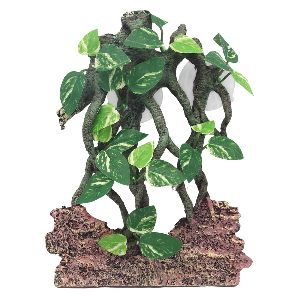 hisunfarm Simulation Resin Plant Ornaments with Suction Cup for Reptile Aquarium Fish Tank Roots Decoration for Lizard Turtle Fish Habitats Decor (Greenery modelling)