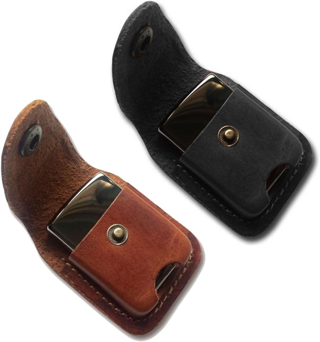 Handmade Fliptop Leather Lighter Pouch Holder Case with Pocket Belt Loop (Brown+Black)