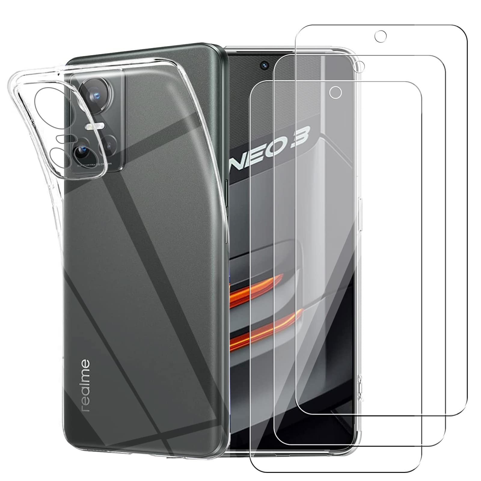KZIOACSH Clear Case for Realme GT Neo 3, Ultra Thin Fit Crystal Anti-Scratch Bumper Cover Flexible Soft Anti-Fall Shockproof Transparent Phone case with 3 Tempered Glass Screen Protector