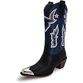 driceic Glitter Wide Calf Metallic Embroidered Cowboy Boots For Women Sparkly Mid Calf Chunky Heel Pull on Pointy Toe Western Cowgirl Boots Fashion Vintage Short Booteis For Girl