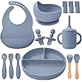 LITTLE RAWR Silicone Baby Feeding Set 14 Pcs,Baby Led Weaning Supplies, Baby Spoons Suction Bowl Divided Plate Bib Cup Finger Brush,First Stage Solid Food Eating Utensils - 6+ Months(Blue Gray)