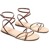 Coutgo Womens Flat Sandals Strappy Open Toe Cross Lace Up Ankle Strap Summer Dressy Beach Shoes