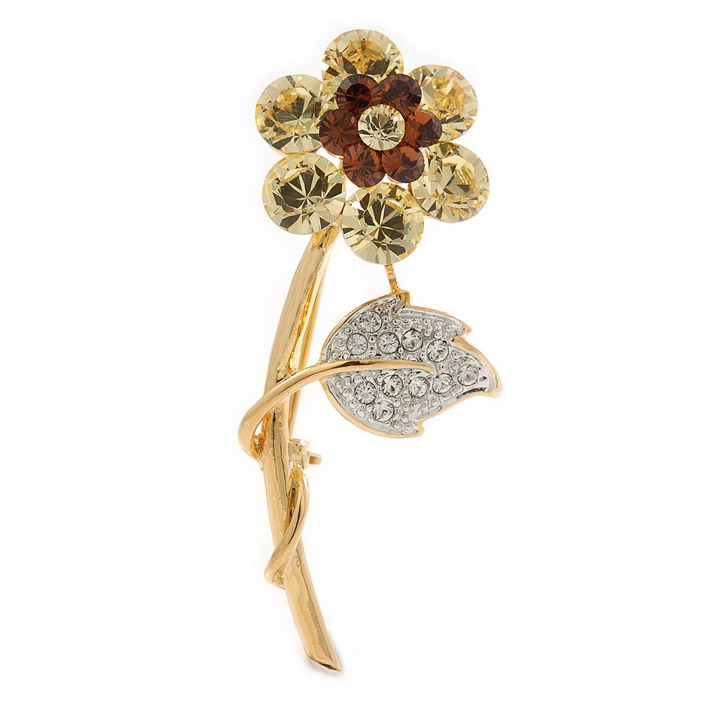 CZ Crystal Daisy Flower Brooch In Gold Plated Metal - 50mm L