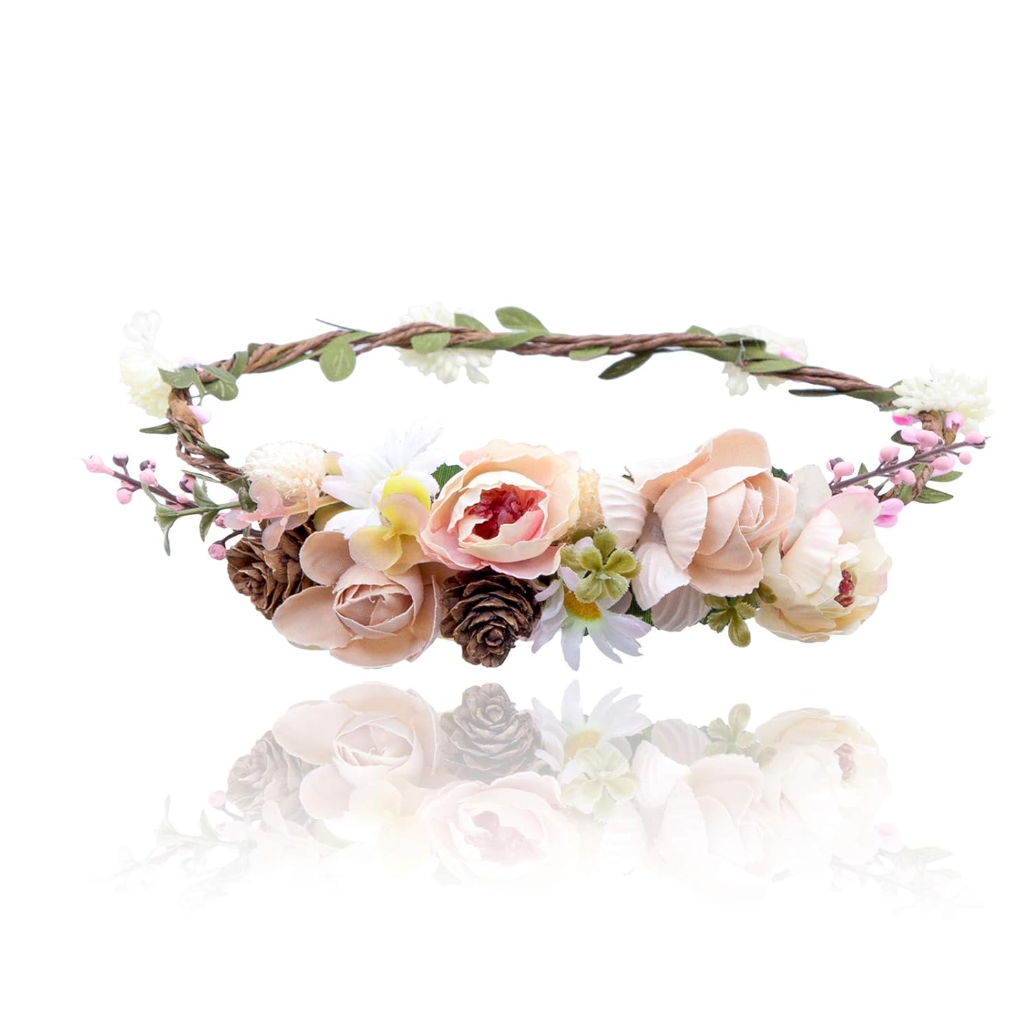 AWAYTR Bohemia Flower Crown Headband - Exquisite Pinecone Leaf Berry Flower Headband Flower Halo Wreath women (Light khaki+Light pink): Beauty