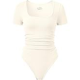 OQQ Women Bodysuits Ruched Short Sleeve Square Neck Stretch Lounge Travel Bodysuits