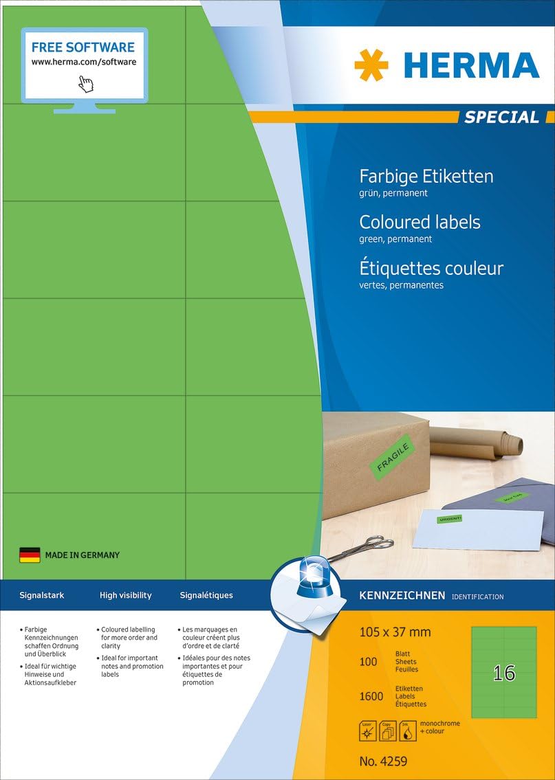 HERMA Self Adhesive Coloured Labels, 16 Labels per A4 Sheet, 100 Sheets, 105 x 37 mm, 1600 Labels - Image 4