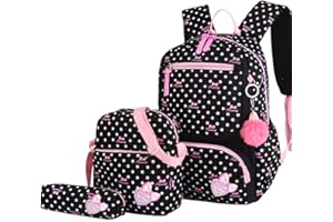 EKUIZAI 3Pcs Heart Prints Backpack Sets 3 in 1 Bowknot Primary Schoolbag Travel Daypack School Bag Kid Backpack for girls (Black)