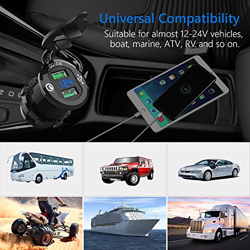 HiGoing 12V/24V Marine USB Outlet, Waterproof QC3.0 Dual USB Charger Socket with Voltage LED Digital Display for Car Boat Motorcycle Mobile (Upgraded with QC3.0) - Thumbnail 6