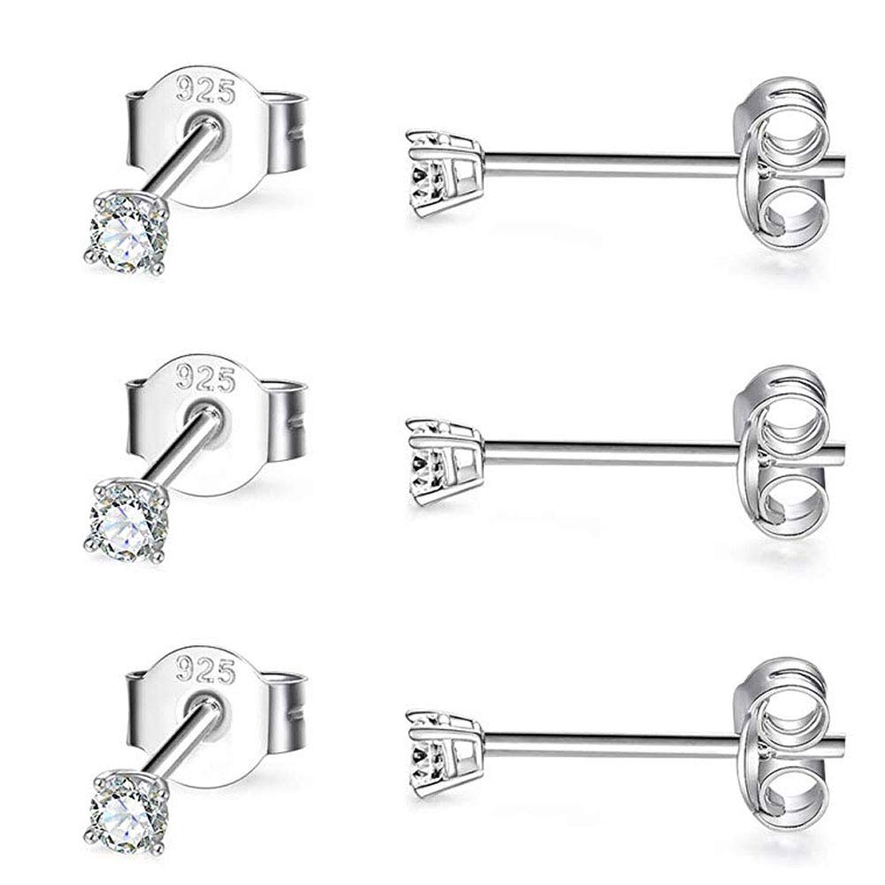 PRETTERY Silver Stud Earrings for Women, 3 Pairs 3mm 925 Sterling Silver Cubic Zirconia Stud Earrings Set for Men Girls, White Gold Plated Sleeper Cartilage Studs with Clear 5A Cubic Zirconia