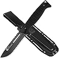 CuCut Full Tang Fixed Blade Knife with Sheath - 4-inch Carbon Steel Blade, Black Non-Stick Finish with Serrated Edge, PP Handle Camping Knife for Outdoor, Survival, Hiking