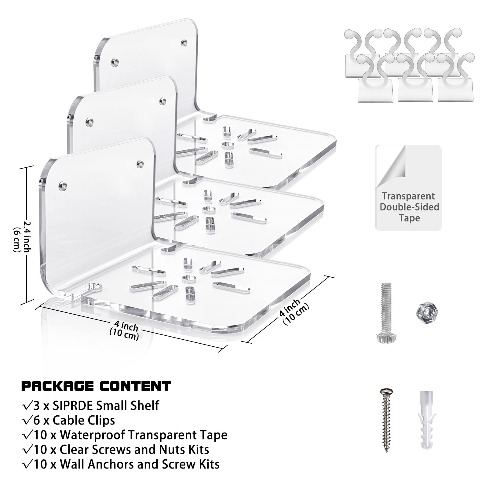SIPRDE Acrylic Small Wall Shelf Set of 3 for Security Cameras, Speakers, Baby Monitors & More - 4'' Universal Adhesive Shelf Easy to Install No Drill, with Cable Clips (Clear)