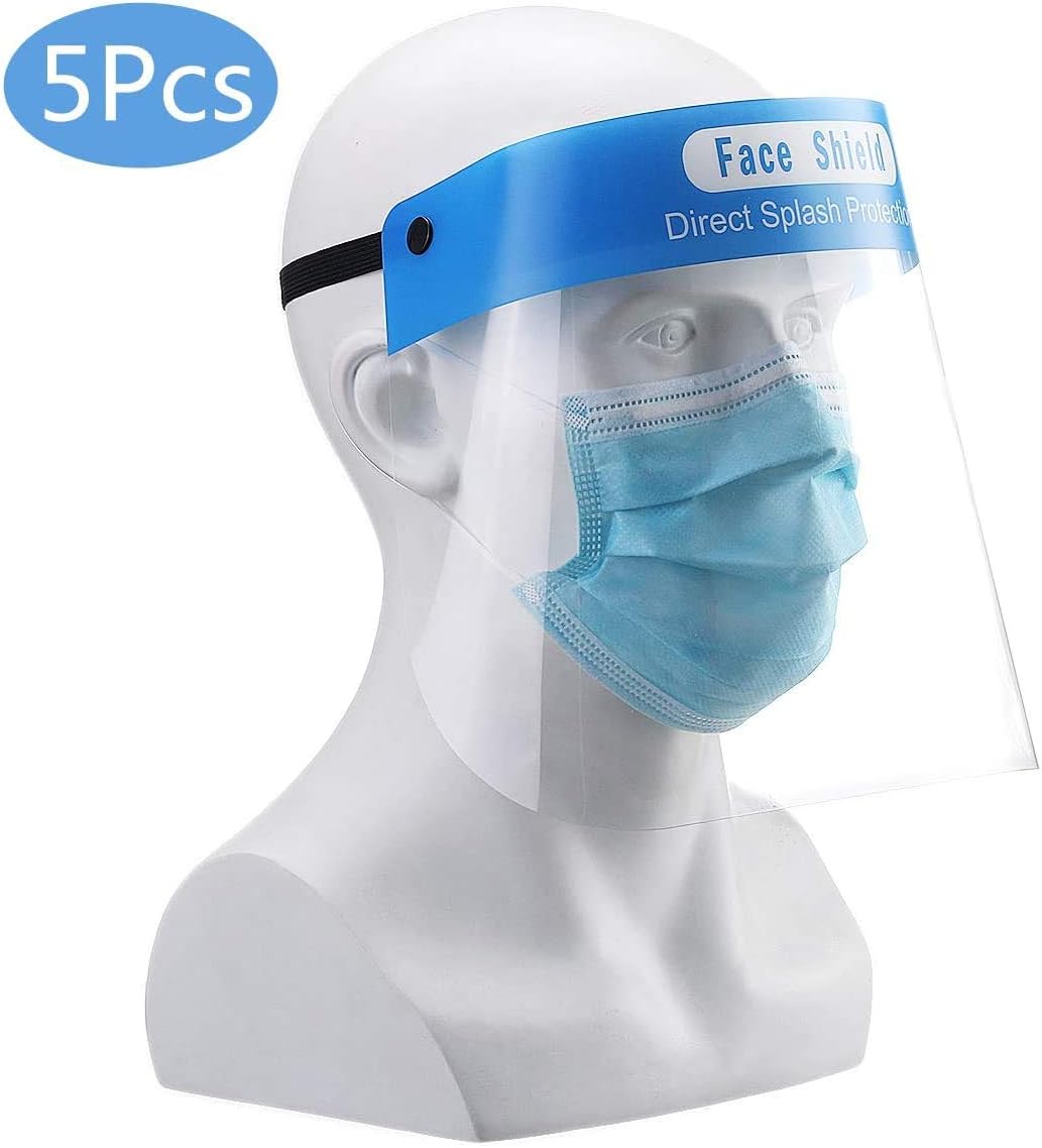 Safety Full Face Shield Protective Visor [Fulfillment By Amazon], Godmorn Adjustable Transparent Face Shield to Prevent Saliva Droplet, Full Face Cover with Elastic Band and Sponge (5 PCS)