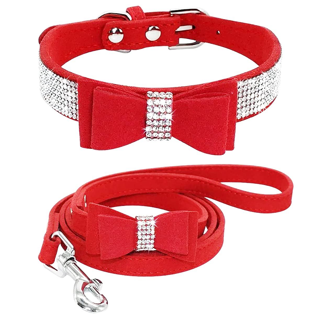 Dog Collar with Leash Set Pet Collars and leashes Adjustable Dog Cat Rhinestone Bowknot Crystal Bling Dog Collar for Small Dogs Medium Dogs Red XXS