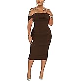 Women's Sexy Off Shoulder Sleeveless Bodycon Ruched Midi Elegant Cocktail Evening Party Night Tube Dresses