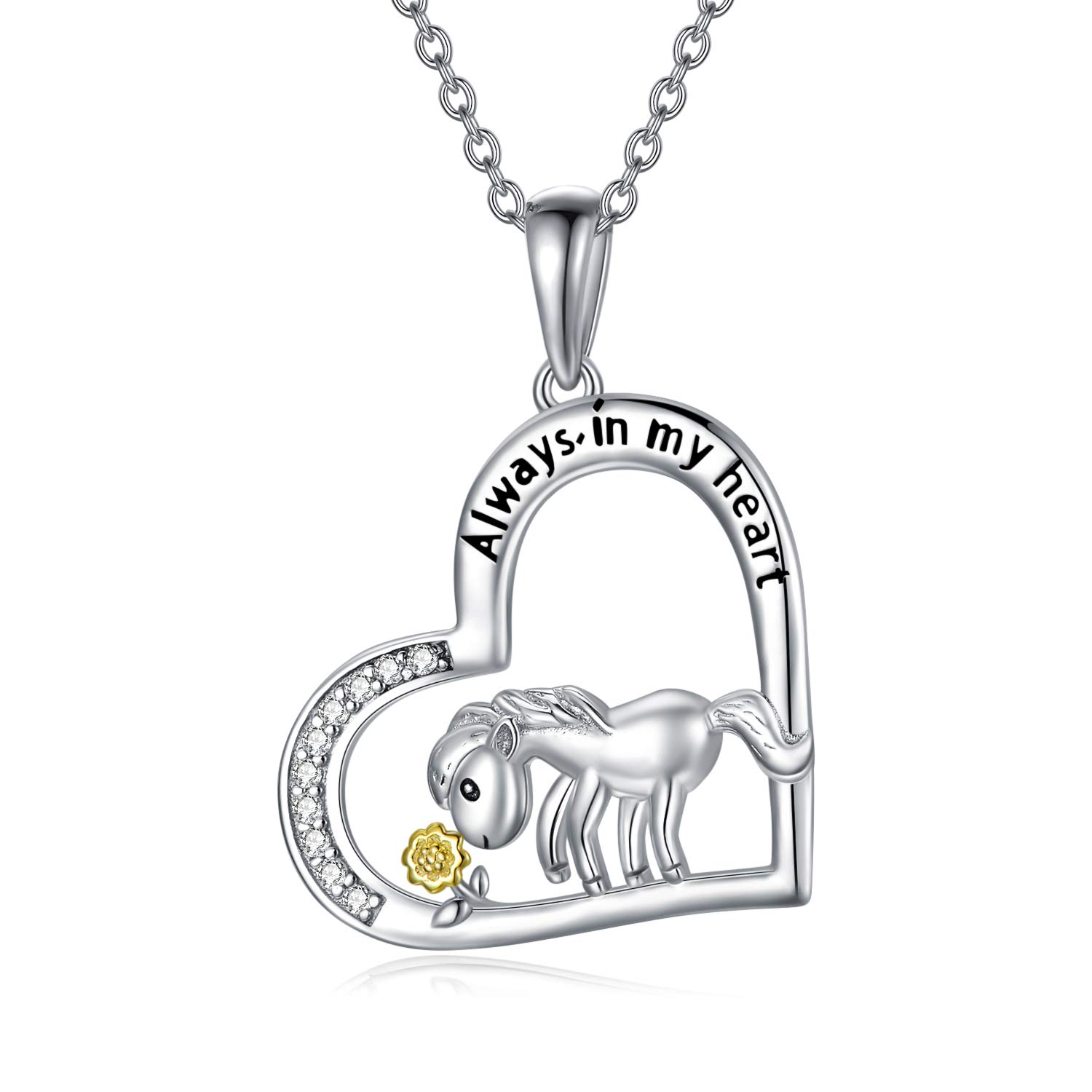 PEIMKO 925 Sterling Silver Necklace Horse And Sunflowers Heart Pendant with Cubic Zirconia Horseshoe Girls Sunflower Jewellery Horse Gifts For Girls Women