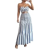 SOLY HUX Women's Striped Maxi Tube Dress Strapless Sleeveless Cut Out Ruffle Hem Vacation Summer Long Dresses