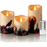 Artmarry Halloween Flameless Candles Set of 3 Included 10-Key Remote | 3"D x 4", 5", 6"H Plastic Halloween candles with climbing flame effect, Battery operated LED pillars for indoor &amp; outdoor