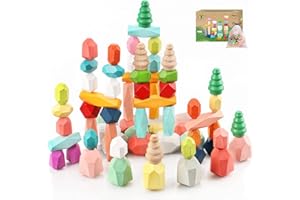 BIGSHU 48PCS Wooden Stacking Building Blocks Montessori Toys for 1 2 3 4 5 6 Year Old Girls Boys Preschool Educational Sensory Toys for Toddlers 1-3 STEM Learning Toys Ages 2-4 Kids Games Gift