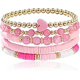 CHUU YUNG Bohemia Multilayer Heart Clay Stackable Bracelets Set Colorful Surfer Heishi Clay Gold Beaded Stretch Bracelets for Women Men Summer Beach Boho Vacation Jewelry Gifts-Pink