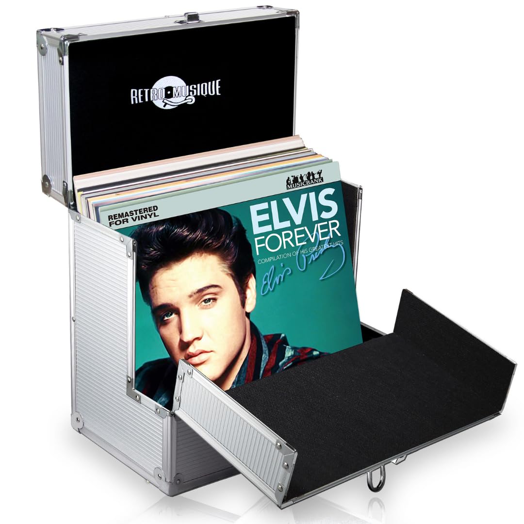 Retro Musique Aluminium 12" Vinyl Record LP Storage Case with unique folding front flap for better access to your LPs