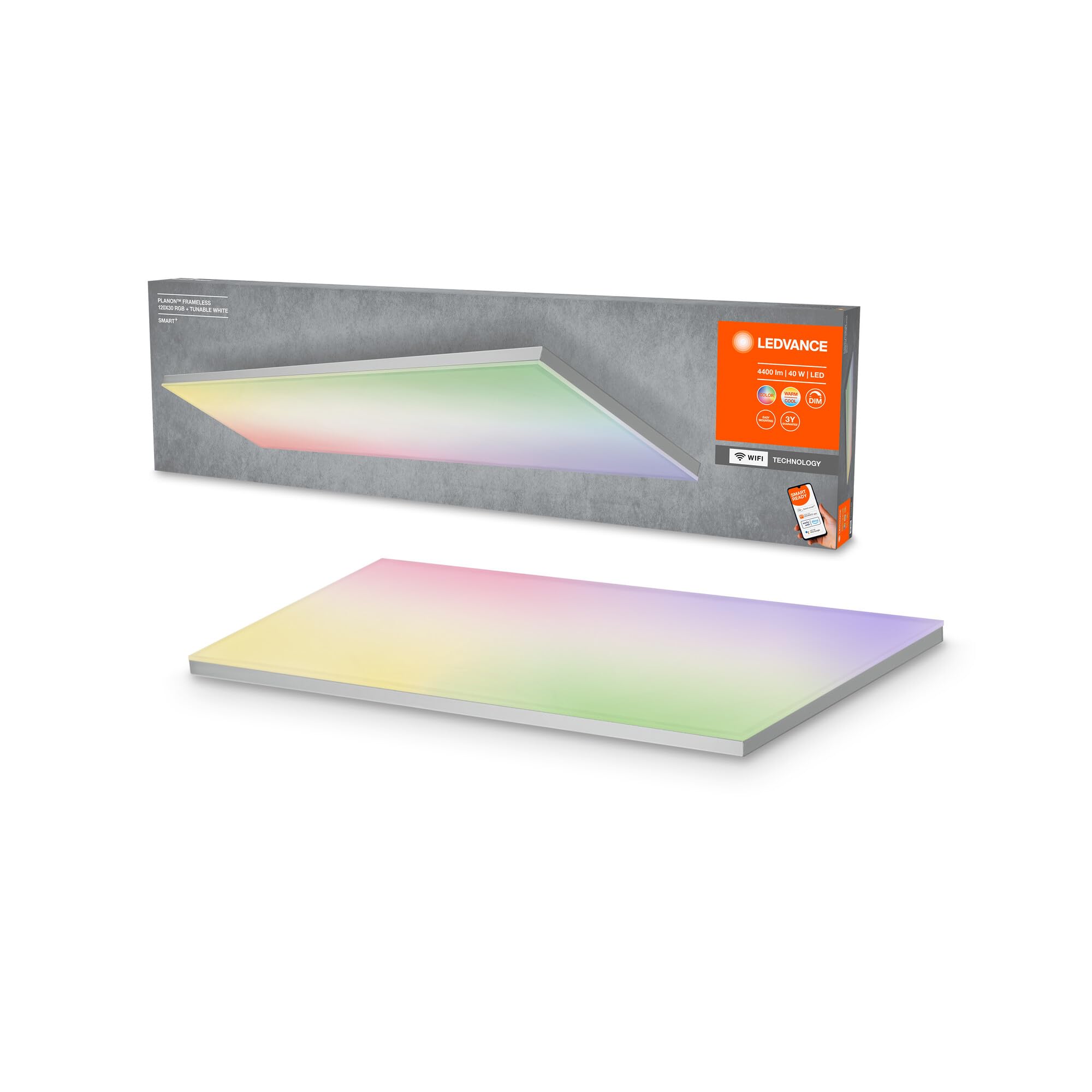 LEDVANCE Smarte LED Deckenleuchte, Panel für Innen mit WiFi Technologie, Lichtfarbe änderbar (3000K-6500K), RGB-Farben änderbar, 1200mm x 300mm, Kompatibel mit Google und Alexa Voice Control, SMART+