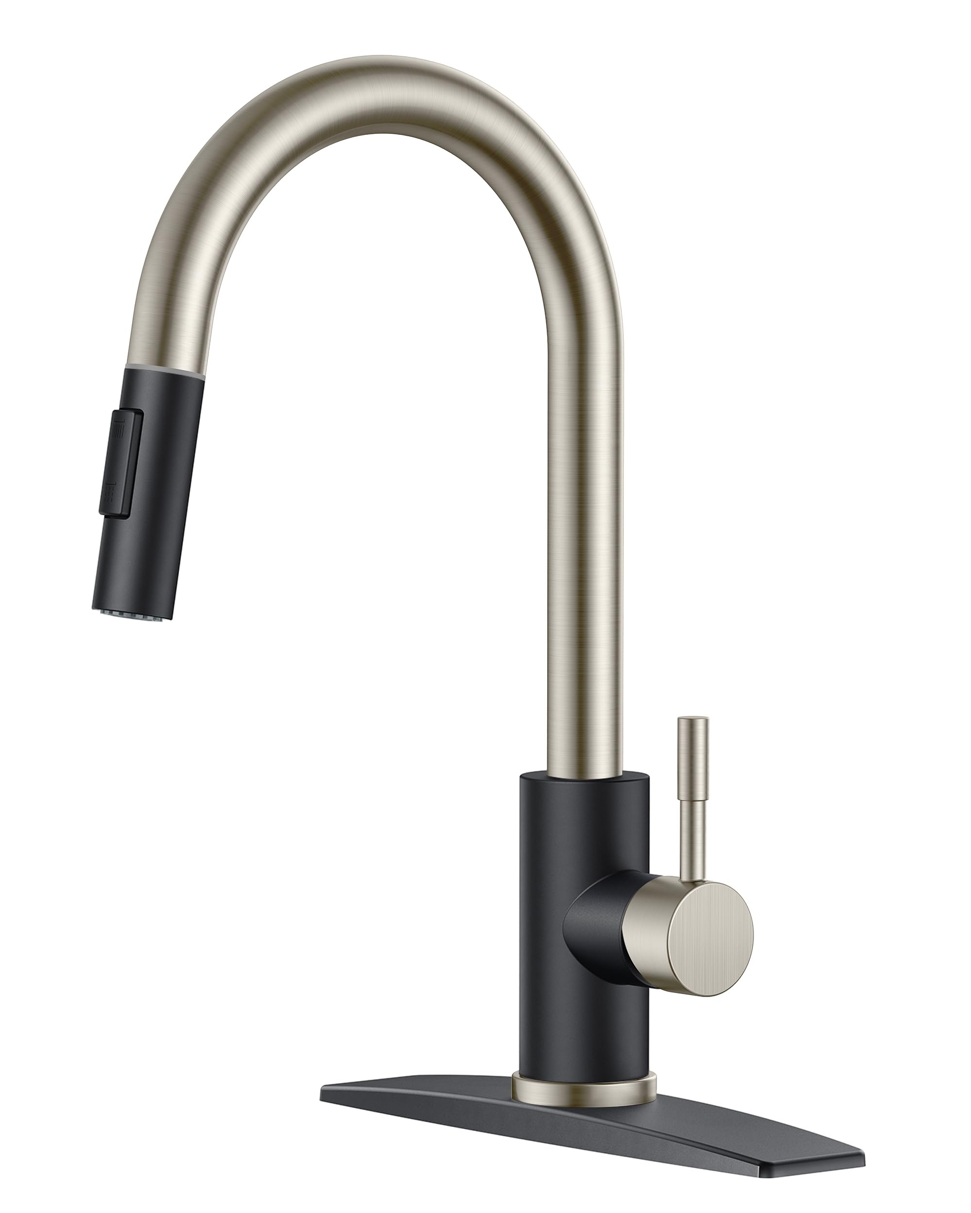 FORIOUS Kitchen Faucet with Pull Down Sprayer, High Arc Modern Classic Sink Faucet Stainless Steel with Deck Plate Fit for 1 or 3 Hole for Pot Filler Bar Farmhouse Laundry Rv, Black Brushed Image