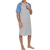 ASHER FASHION Mens Nightgown Henley Y-Neck Night Shirt for Sleeping Short Sleeve Loose Kaftan Sleepwear with Pockets