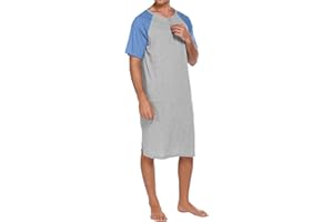 ASHER FASHION Mens Nightgown Henley Y-Neck Night Shirt for Sleeping Short Sleeve Loose Kaftan Sleepwear with Pockets
