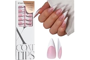 BTArtboxnails XCOATTIPS Stiletto Press On Nails - French Tip Press On Nails Pink Glitter Base, 96 Pcs Long Fake Nails Salon Quality Soak Off Soft Gel Nail Tips Extension in 16 Sizes