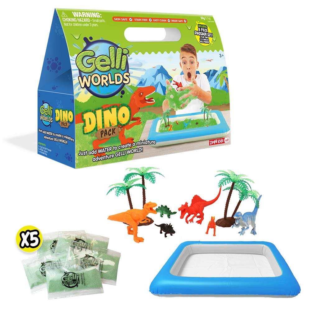 ZIMPLI - Gelli Adventures Dino Pack, 5 Use, 8 x Dinosaur figures, Inflatable Play Tray, Dinosaur Playset for Boys & Girls, Educational Science Kit