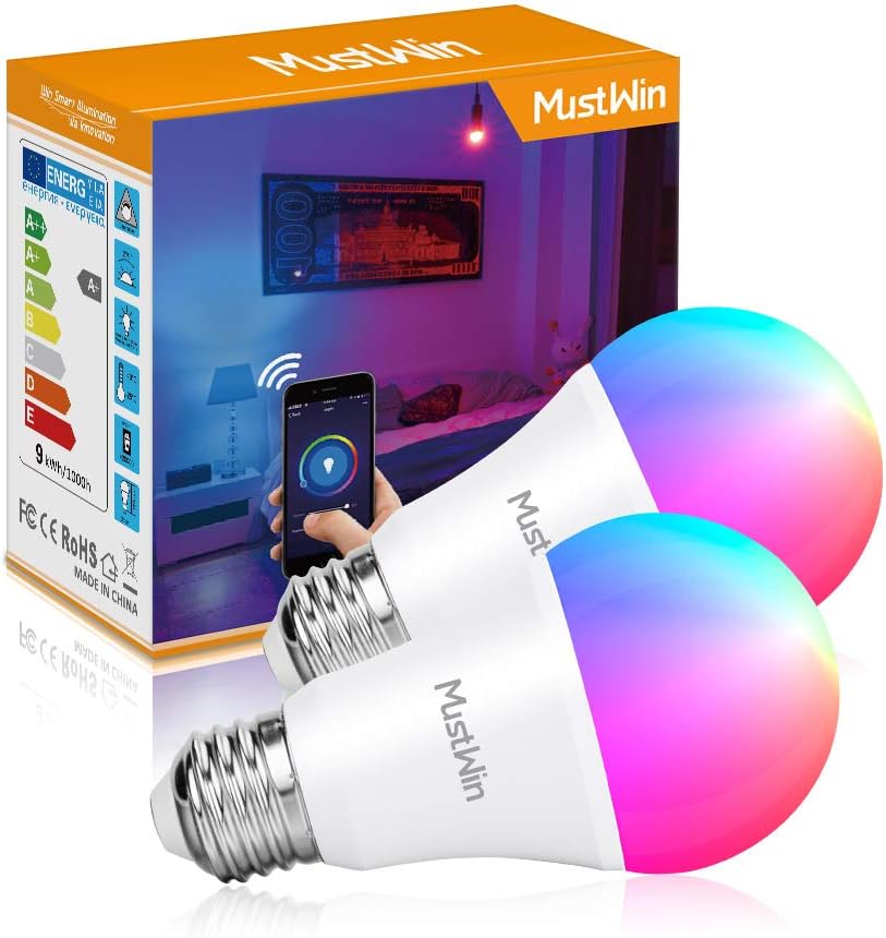 MustWin 9W WiFi LED Bulb E26 Smart Bulbs Alexa, A19 Multicolor Color Changing Bulb, RGB+Warm White, Work with Siri,Alexa, Google Home (No Hub Required)