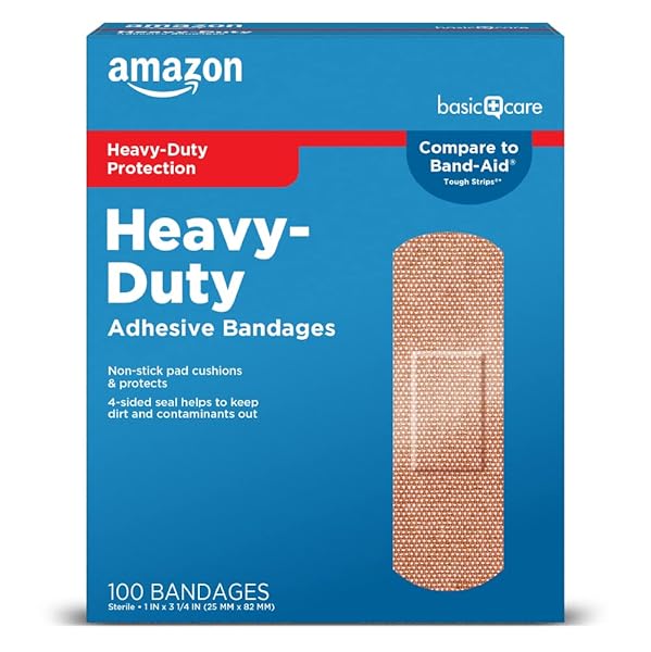 AMAZON BASIC CARE HEAVY-DUTY FABRIC ADHESIVE BANDAGES, FIRST AID AND WOUND CARE SUPPLIES, ONE SIZE, 100 COUNT