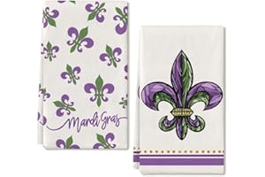 ARKENY Mardi Gras Kitchen Towels for Mardi Gras Decor Fleur De Lis Dish Towels 18x26 Inch Ultra Absorbent Bar Drying Cloth Tea Sign Hand Towel for Mardi Gras Carnival Decorations Set of 2