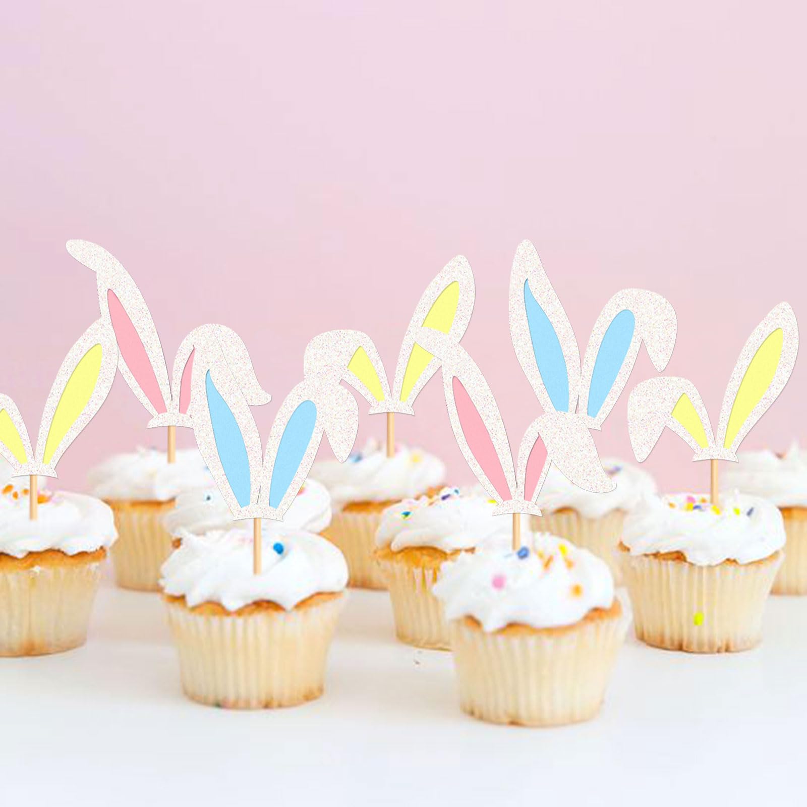 View 1 of 24Pcs Glitter Yellow Pink Blue Bunny Ear Cupcake Toppers Easter Rabbit Ears Cupcake Picks for Rabbit Baby Shower Boys Girls Birthday Party Bunny Baby Gender Reveal Easter Day Cupcake Decors