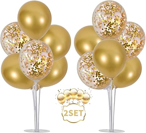 Gold Balloon Stand Kit with 14 Sticks, 14 Cups, 2 Base, and 16 Balloons