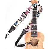 Eyeshot Ukulele Strap No Drill, Adjustable Double J Hook Clip on Uke Shoulder Strap, Hawaiian Butterfly Printing Hands Free Ukelele Strap, Easy to Use and Fit Most Standard Uke Sizes