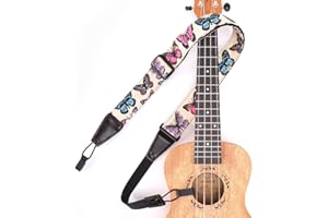 Eyeshot Ukulele Strap No Drill, Adjustable Double J Hook Clip on Uke Shoulder Strap, Hawaiian Butterfly Printing Hands Free Ukelele Strap, Easy to Use and Fit Most Standard Uke Sizes