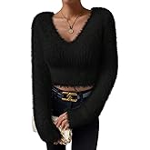 SweatyRocks Women's Fuzzy Fleece Long Sleeve V Neck Crop Sweater Casual Plain Slim Fit Warm Knitwear Sweater Tops